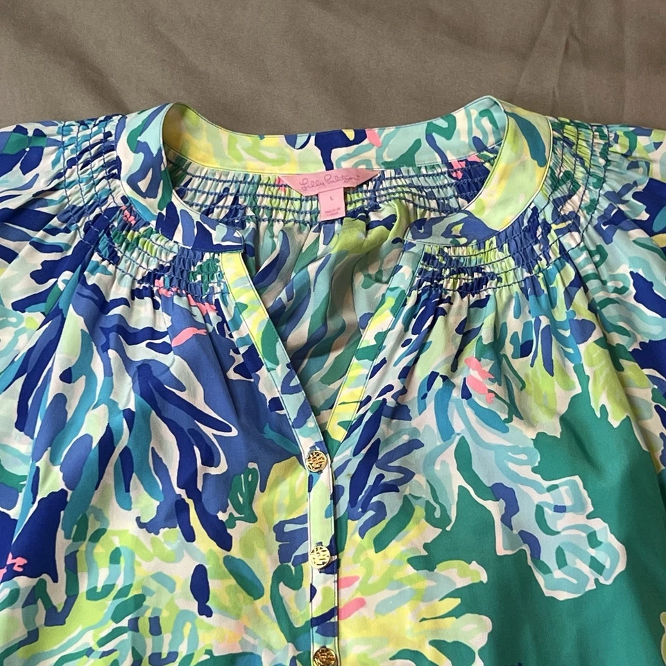 Lilly Pulitzer Elsa Silk Top Womens Large L Sea Ocean Coral Blue Green Shirt * - Image 2 of 4