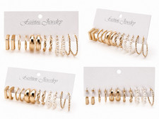 Gold Tone Metal Hoop & Pearl Round Stud Earrings Set, Butterfly Closure