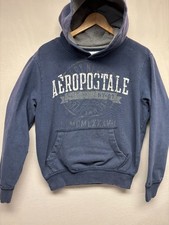 Aeropostale 1987 Sudadera con Capucha Mujer Azul Gráfico Manga Larga Canguro Bolsillo L