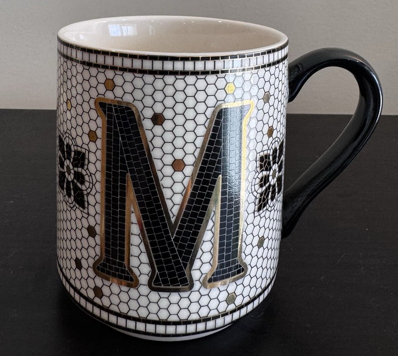 ANTHROPOLOGIE Margot Gold Black MOSAIC TILE Monogram  M  Initial MUG Coffee Cup