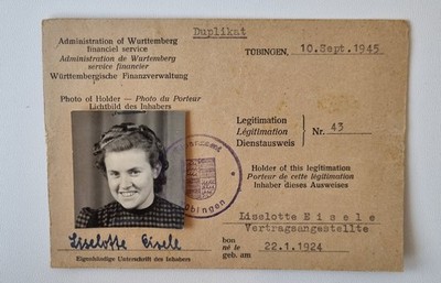 Old official card/duplicate of a lady-financial administration Tübingen 1945