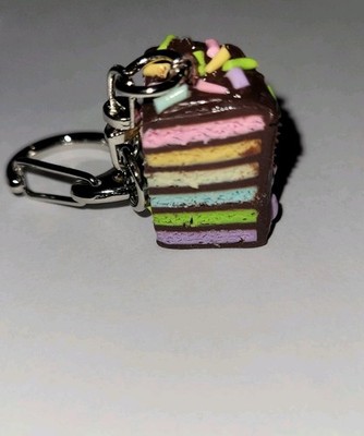 Rainbow Cake Slice Keychain Accessory Clip On Chocolate Frosted Sprinkles
