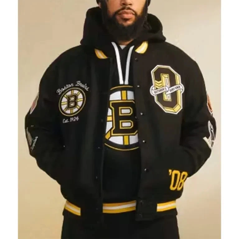 Boston Bruins The Original Six Varsity Black Full-Snap Wool Letterman Jacket