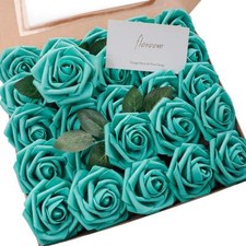 Artificial Flowers 25pcs Real Looking Teal Green Foam Fake Roses with Stems f...