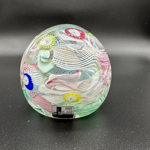 Murano Art Glass Millefiori Latticino Orig Label Scramble Paperweight Vintage