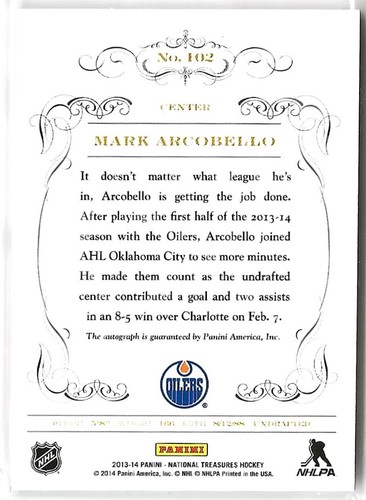 2013-14 Panini National Treasures Gold Auto Rookie #102 Mark Arcobello 21/25 - Picture 2 of 2
