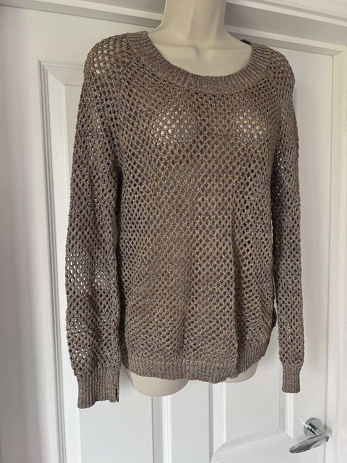 Gold Metallic Glitter Mesh Holey Knit Jumper Crochet Festive