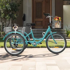 24" 3 Wheels Bike Trike Tricycle 7 Speed for Adult w/ Front & Rear Basket Green