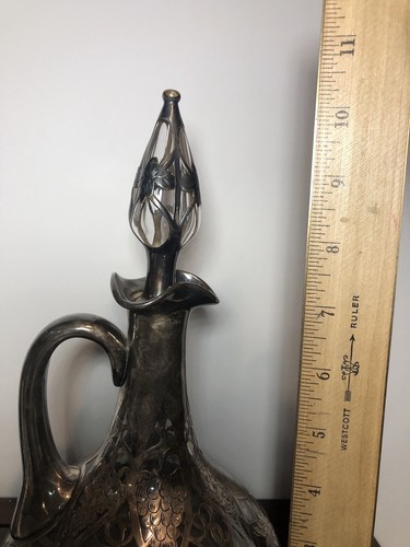 Alvin Fine Sterling Overlay Cut Glass Decanter 10.5” Tall Art Nouveau - Picture 10 of 18