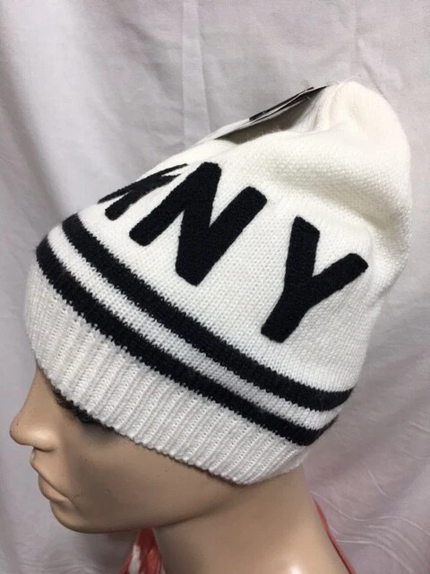 Women s NWT DKNY Logo Stadium Beanie With Pom Pom White Black One Size