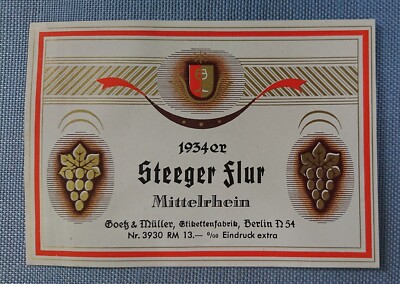 Old Wine Label Sample Label Label 1934 Steeger Corridor Middle Rhine Goetz