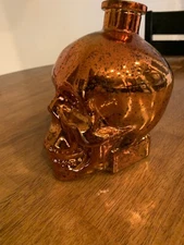 Orange Metallic  Speckled Glass Skull Decanter Halloween Bottle 7"