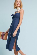 $210 NWT Anthropologie Faithfull the Brand Charlotte Linen Midi Dress XS Navy