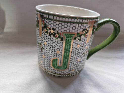 Brandneu Anthropologie Tasse Initiale J oder N grün Mosiac gefliest Bistro Art Deco - Bild 3 von 7