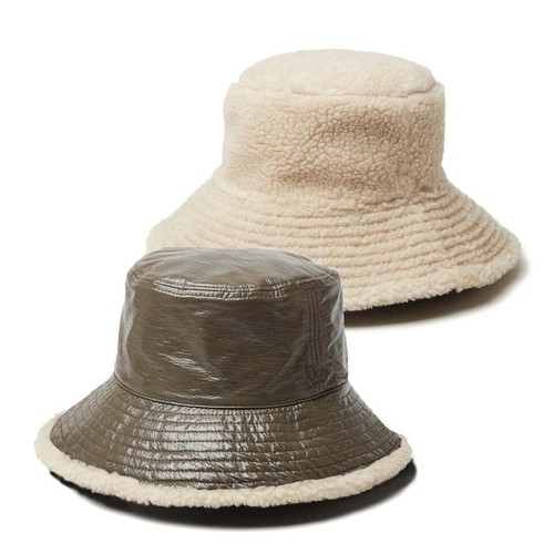 New Era Bucket Hat Reversible Emailled Leather Boa Fleece Mokka Grau 14348605