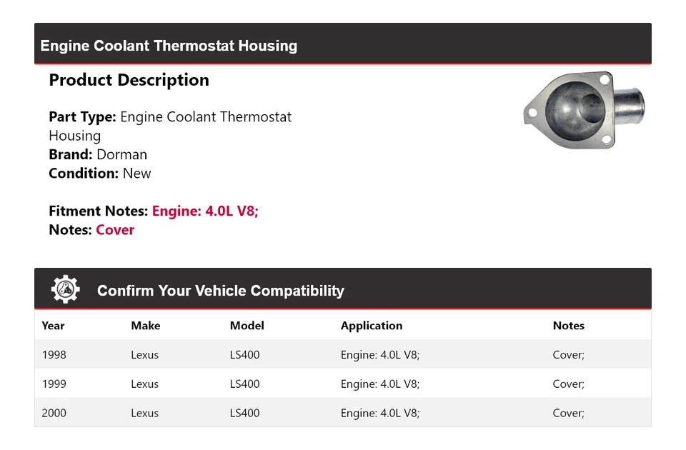 Carcasa termostato refrigerante motor Dorman 4,0 L Lexus LS400 1998-2000 1999 Foto 2 de 4