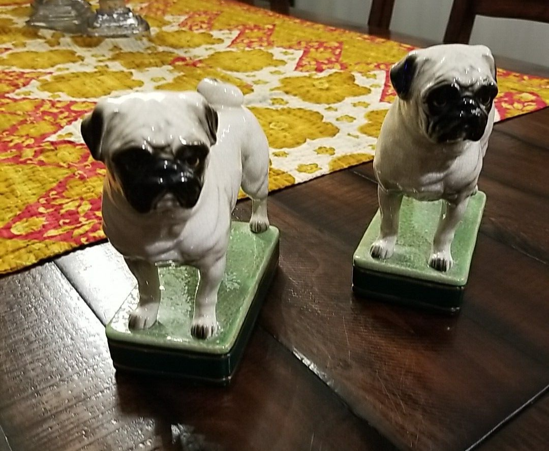 Pair Pug Dog Bookends Vintage Takahashi Ceramic Pug Bookends   Staffordshire...