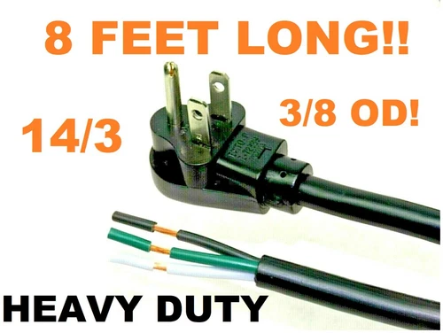 HEAVY DUTY 8 Ft 14 AWG 14/3 Replacement Power Cord Black Extension Cable 300V FR