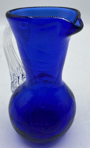 Small Cobalt Blue Crackel Glass Creamer Pitcher With Applied Clear Handle 4" - Picture 6 of 6