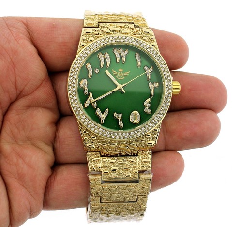 14K vergoldete Nugget Uhr echte Herren Iced CZ Hip Hop grünes arabisches Zifferblatt - Bild 1 von 6