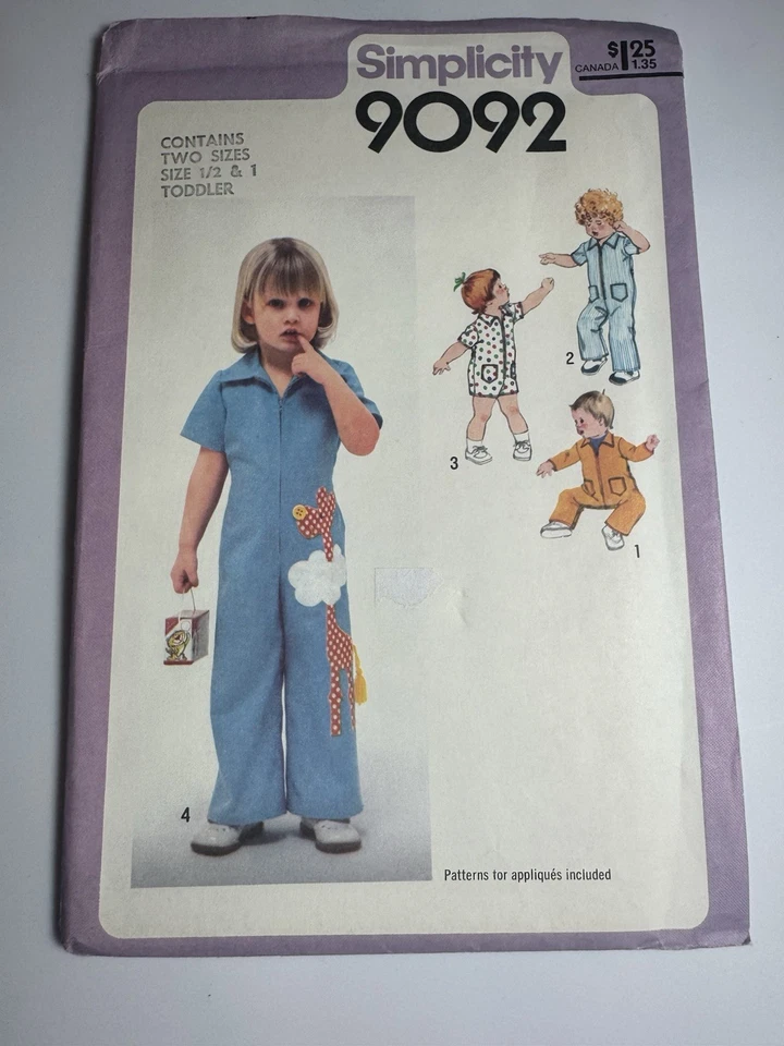 Tot Toddler Jumpsuit Kangaroo Applique Pattern Simplicity 9092 1970's Vintage - Image 2 of 4