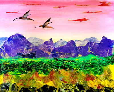 Original Mischtechnik Gemälde, 20'' x 16'', Berglandschaft von Christine Clarke