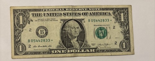Duplicate Star Note 2013 $1 Dollar Bill FRN Serial Number B05442833* - 第 1/2 張圖片