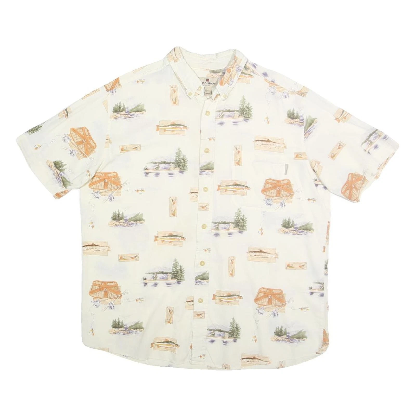 WOOLRICH Mens Cream Fishing Print Cotton Shirt L Button Down Casual