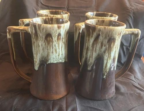 Vintage Brown Drip Glaze Tall Coffee Mug 6" Tall Set Of 4