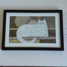 Kate Mawdsley White Cat Print Framed Glazed Signed Animal Art Print Quirky