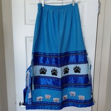 Handmade Ribbon Skirt Women's Native American Indigenous Bear Print Blue