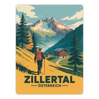 Vintage Zillertal Souvenir Metallschild XL In 21X28 Cm Mit Wanderer