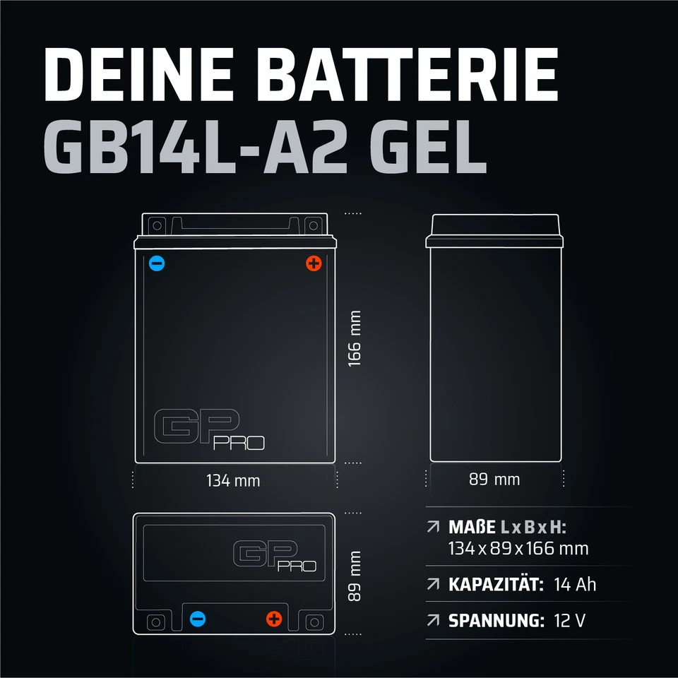 Batterie 12V 14Ah GEL GP-PRO GB14L-A2 Motorrad ähnl. YB14L-A2 CB14L-A2 YB12AL-A2 - Bild 3 von 4
