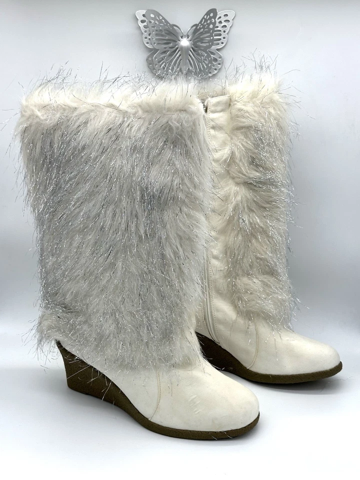 Joan Boyce слоновой кости зимние белые лохматые металлический зимние ботинки на танкетке редкая размер 12 - Изображение 2 из 4