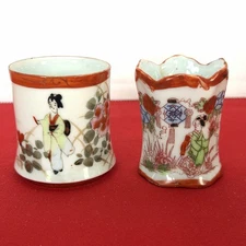 Toothpick Holder Japan Geisha Pair of 2 Porcelain Hand Painted Vintage Sake Cup