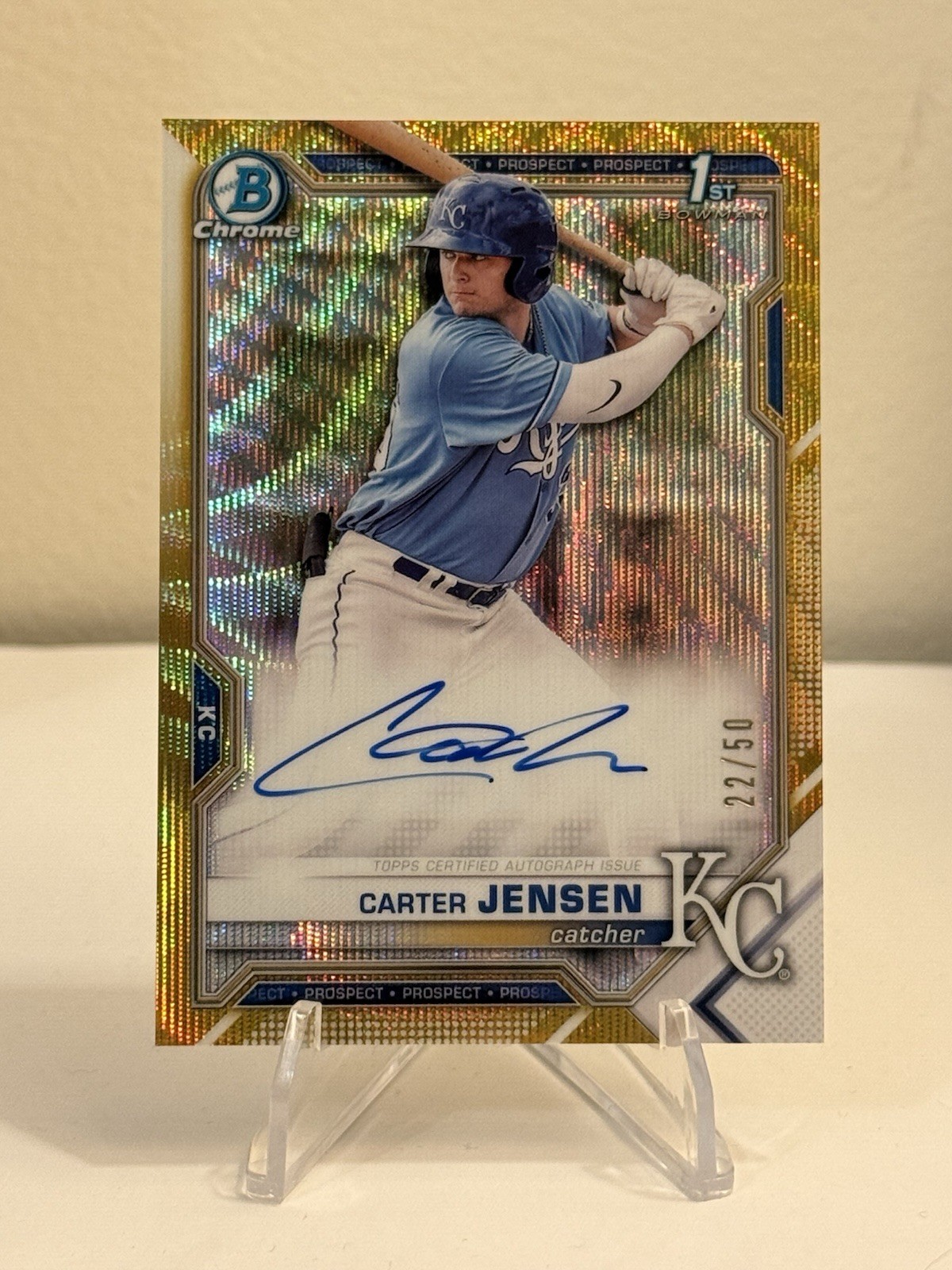 2021 Bowman Draft CARTER JENSEN Chrome Auto 1st Gold Wave 22/50 ROYALS Jersey #!
