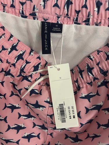 Janie And Jack Boys Size 12 Swim Trunks Short Pink Blue Sharks NWT Stretch Waist - Picture 2 of 3