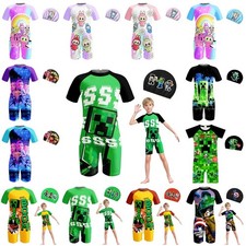 Boys Girls Cartoon Swimming Costume One Piece Swimwear Cap Beachwear Bikini Gift