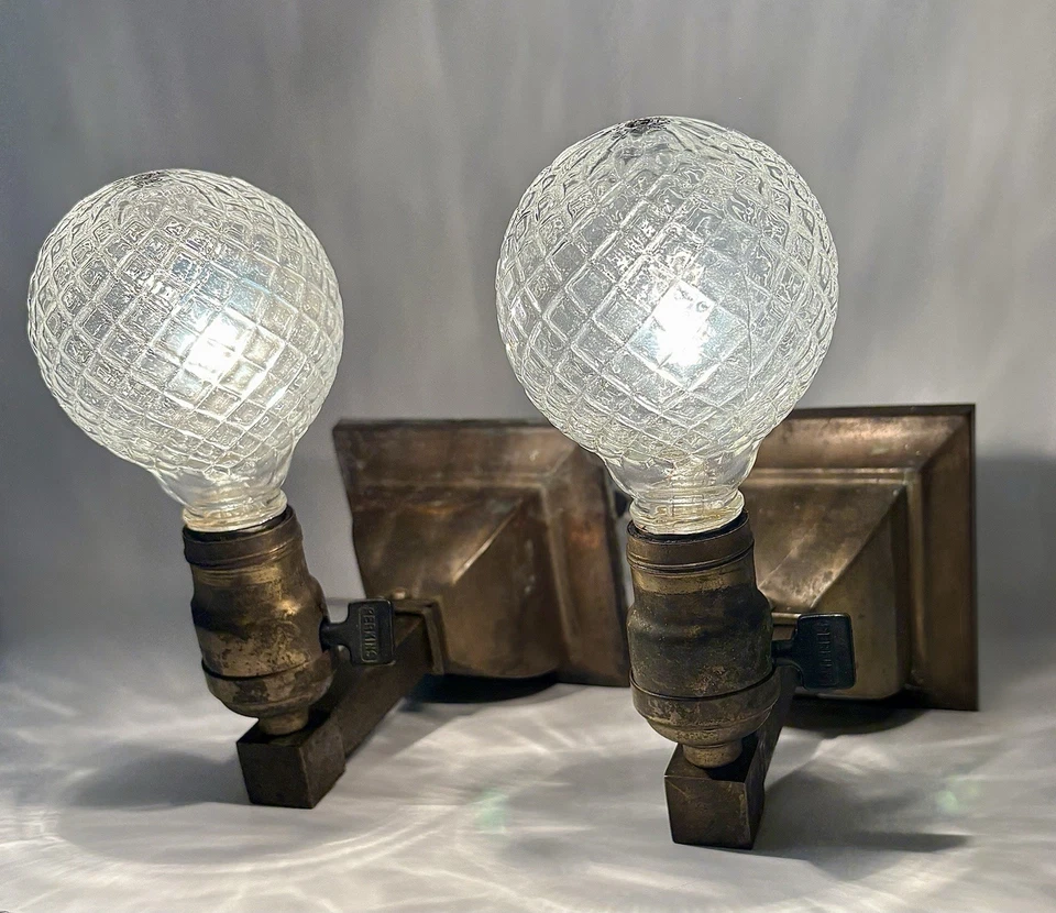 Antique Late 1800s Original Gothic Mission Arts Brass Copper Light Wall Sconces - Image 3 of 4
