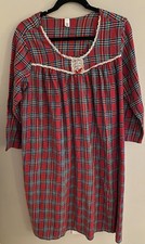 Red Tartan Plaid Flannel Eyelet Lace Trim Nightgown Size L Grannycore