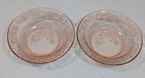 Set Antique 7" Federal Glass Sharon Cabbage Rose Flat Soup Bowls Pink Depression