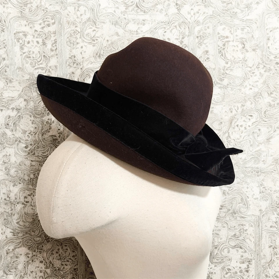 J Peterman Italia Clásico Vintage Marrón Negro Fieltro Bowler Gorra Sombrero Arco Foto 2 de 4