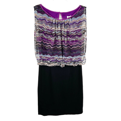 Cache Size 0 Black Multi Color Patterned Mesh Layered Sleeveless Blouson Dress