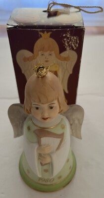 Vintage 1980 Kaiser Christmas Angel Bell Green Ornament Bisque Porcelain In Box