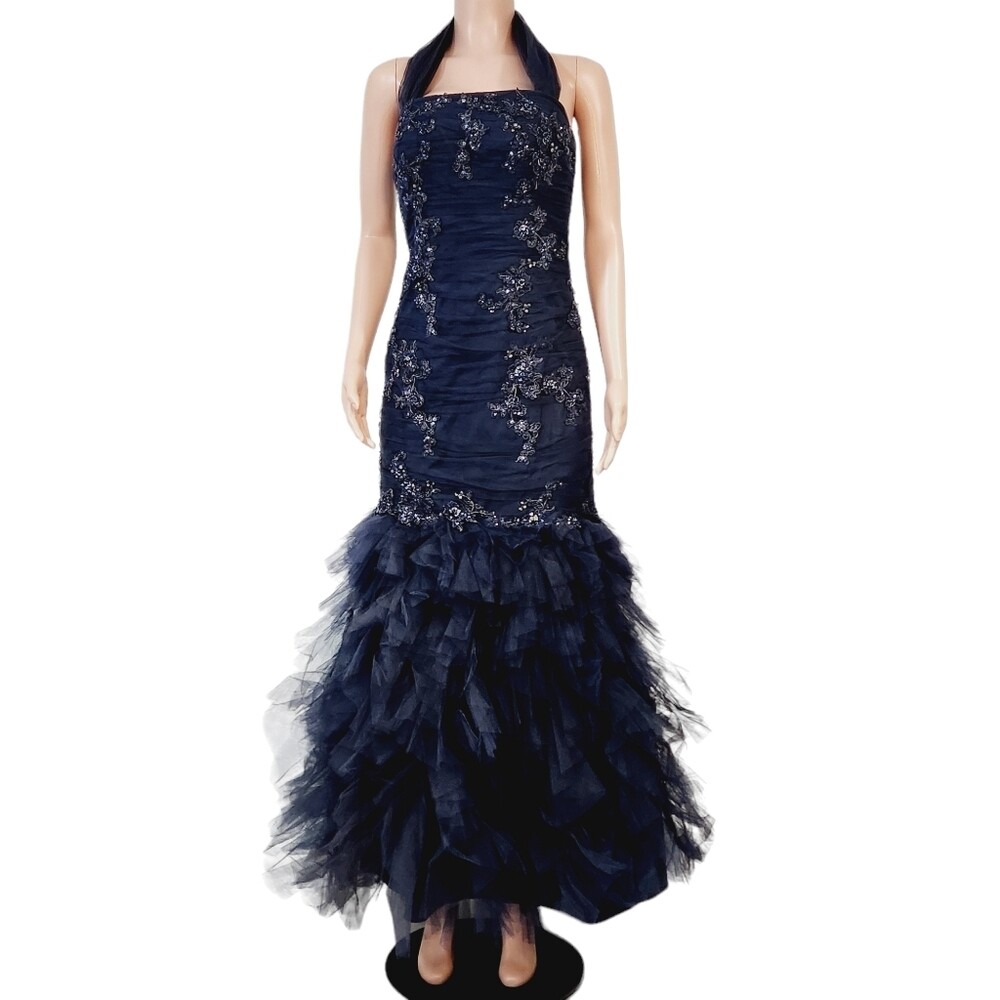 Camille La Vie Blue Beaded Corset Mermaid Formal Gala Dress Size 8 | eBay