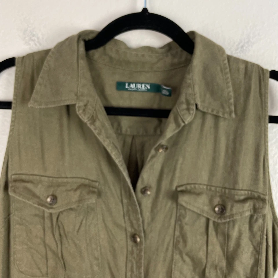 Женский комбинезон Ralph Lauren 14 Petite из зеленой льняной смеси с карманами без рукавов - Изображение 2 из 4