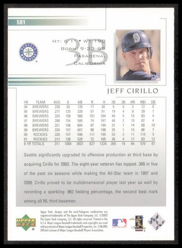 MLB 2002 Upper Deck Seattle Mariners Jeff Cirillo 581 Baseball Card CB-1-1-A-32 - Picture 2 of 7