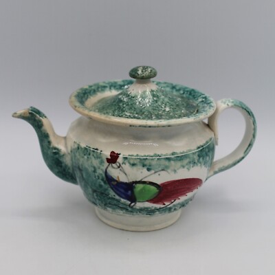 Antique British Staffordshire Green Spatterware Peafowl Childs Teapot