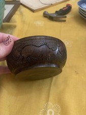 Vintage Small African Carved Wooden Bowl Featuring Elephant, Rhino, Hippo