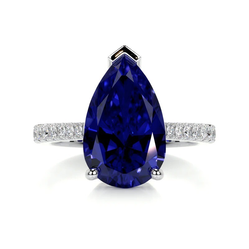 Pear Cut Blue Sapphire Silver Engagement Wedding Gemstone Ring-image